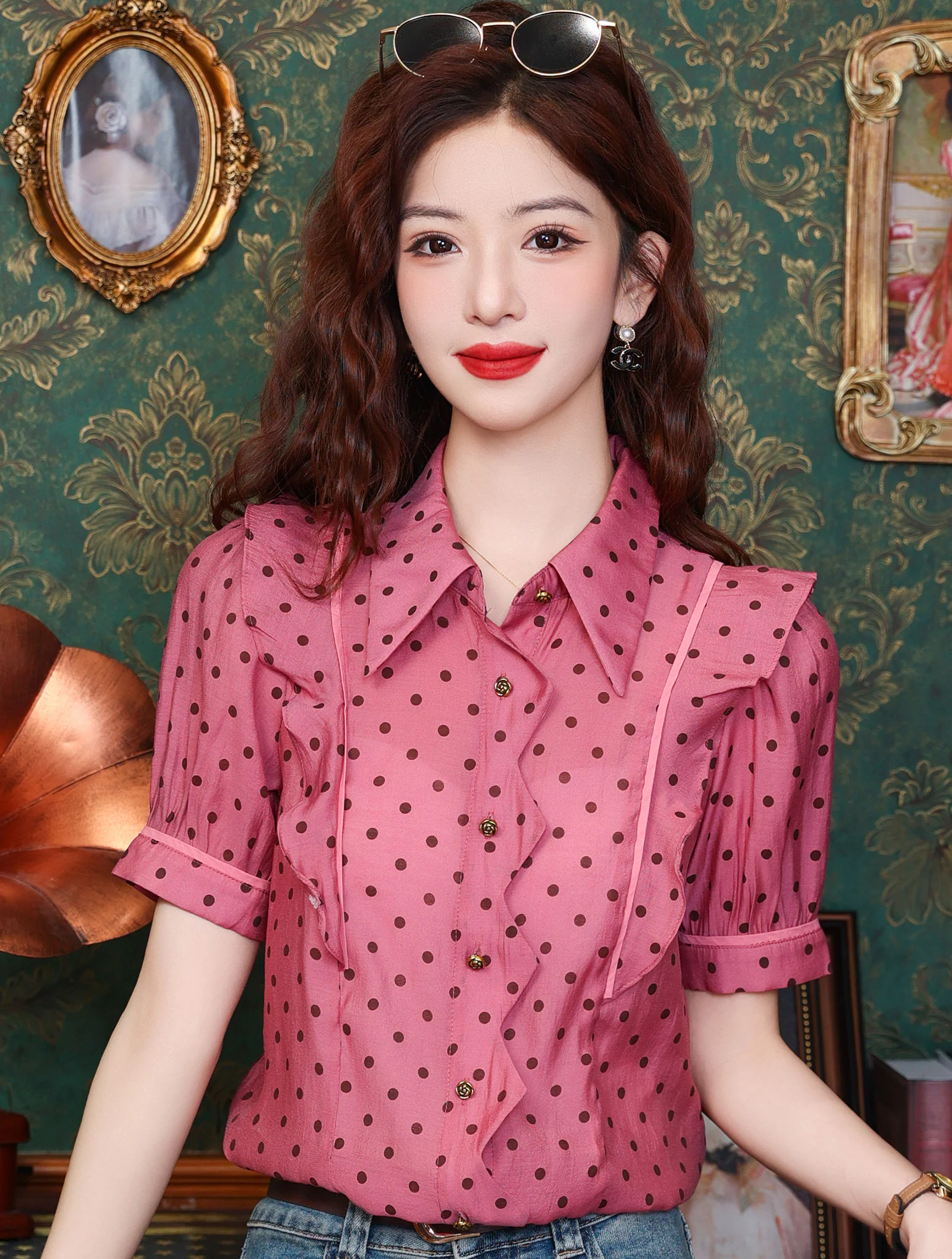 Elegant Women Rose Red Ruffled Edge Irregular Dotted Blouse Shirt ...