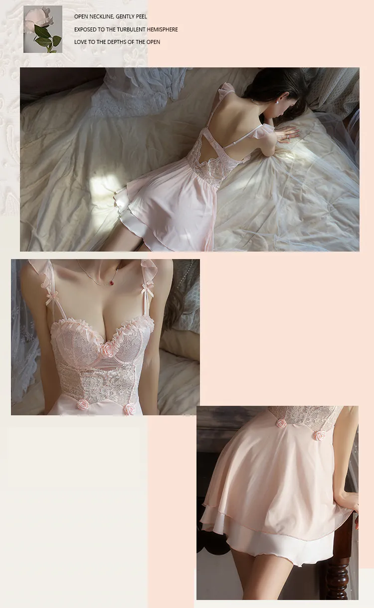 Feminine-Mesh-Lace-3D-Floral-Built-in-Padded-Bra-Babydoll-Nightgown11