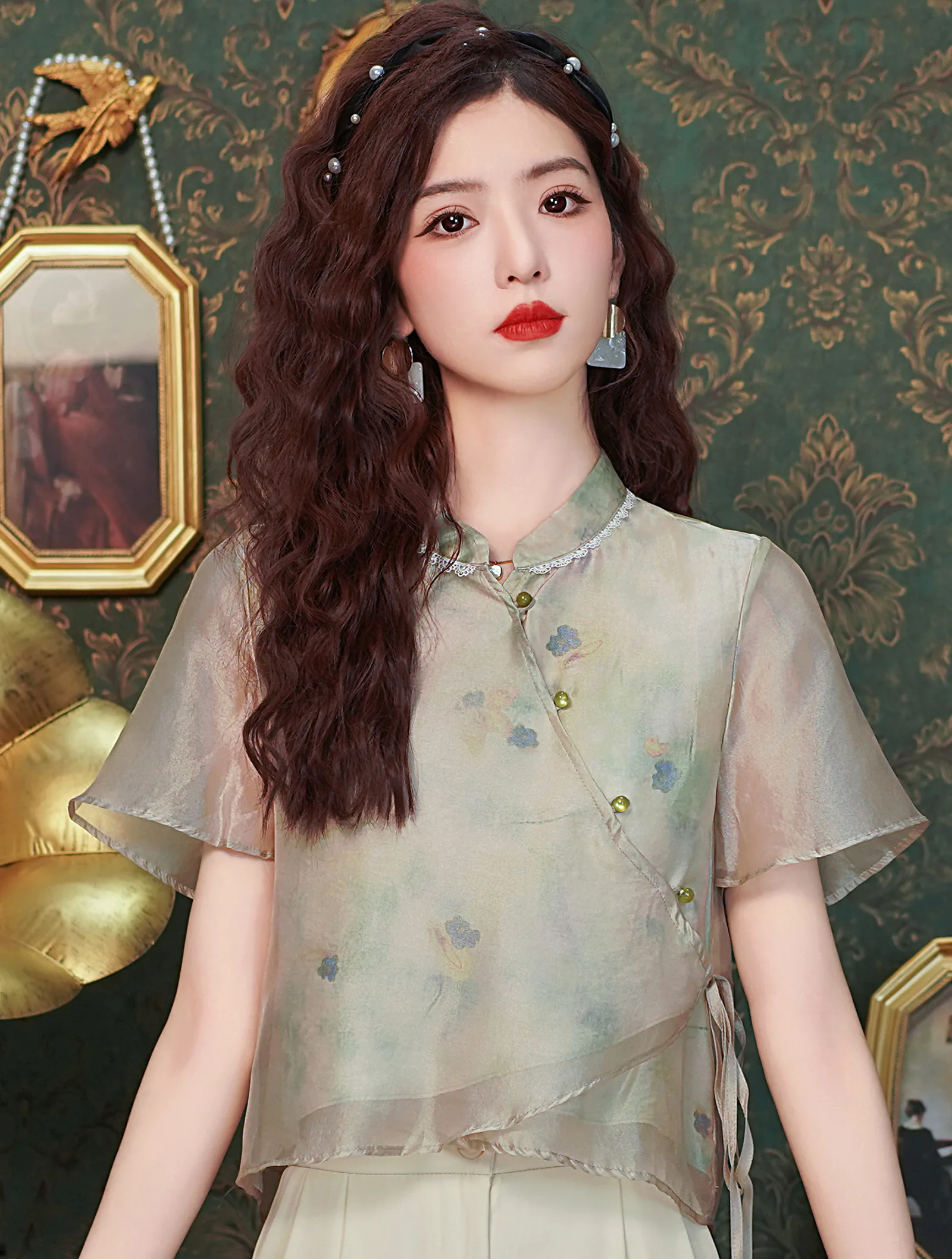 Gentle Soft Green Chinese Style Short Sleeve Shirt Blouse for Women01