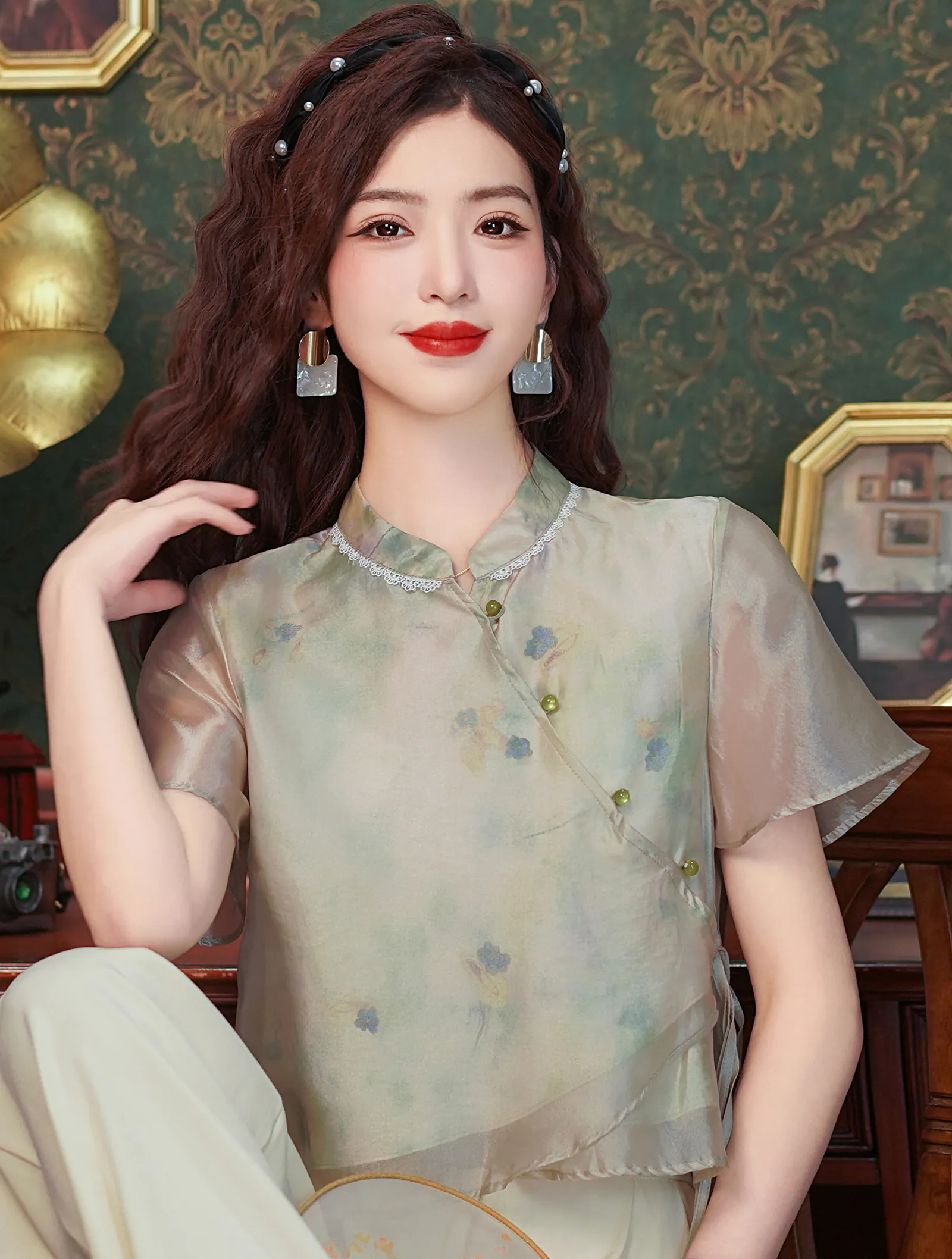 Gentle Soft Green Chinese Style Short Sleeve Shirt Blouse for Women02