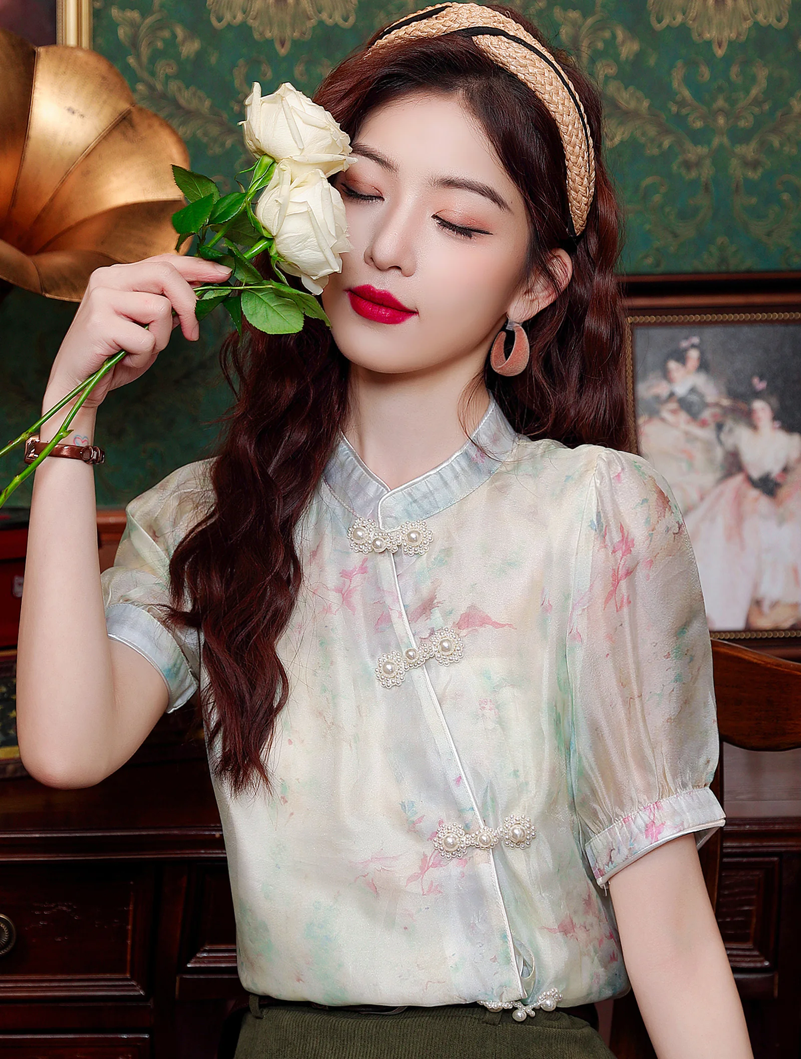 Romantic French Style Soft Mandarin Collar Short Sleeve Casual Shirt02