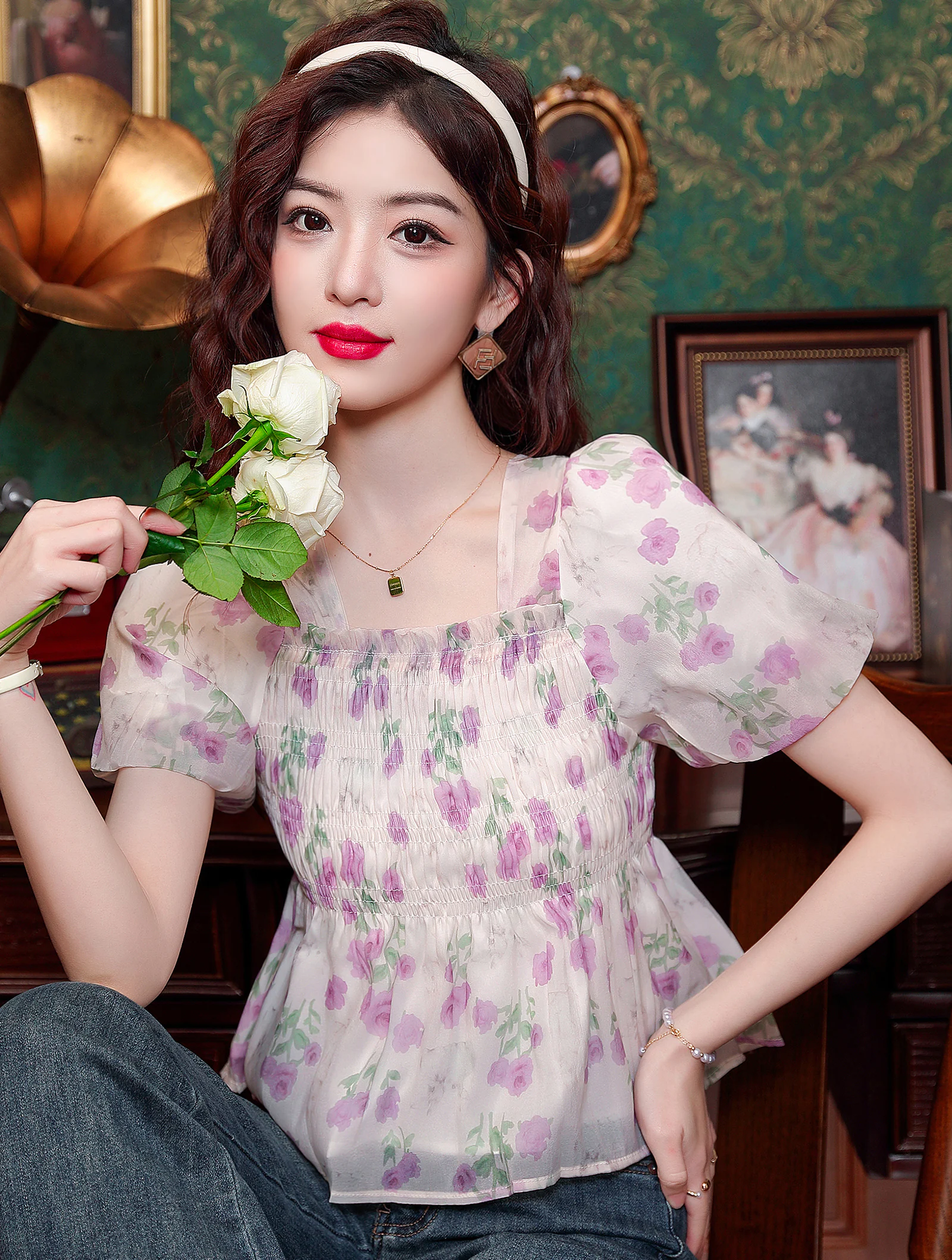 Sweet Square Neck Short Sleeve Purple Flower Printed Casual Shirt02