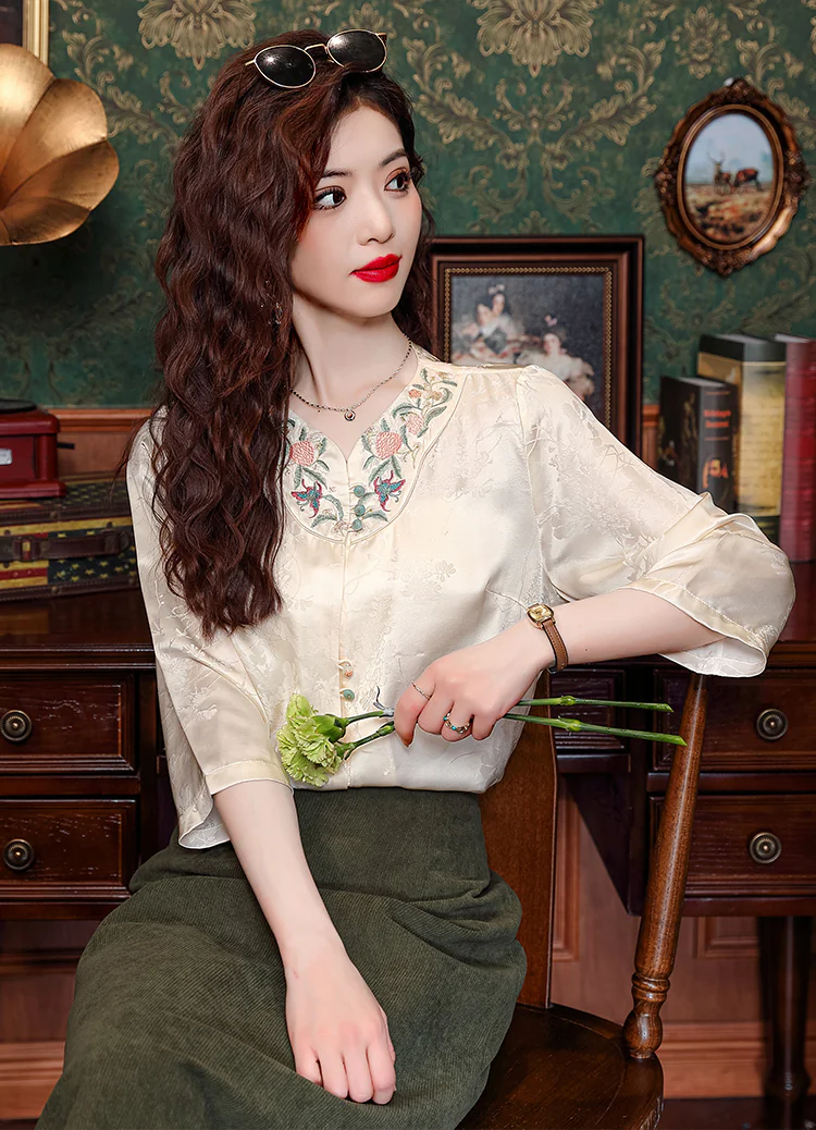 Vintage-Embroidery-34-Sleeves-Silk-Jacquard-Casual-Shirt-for-Women07