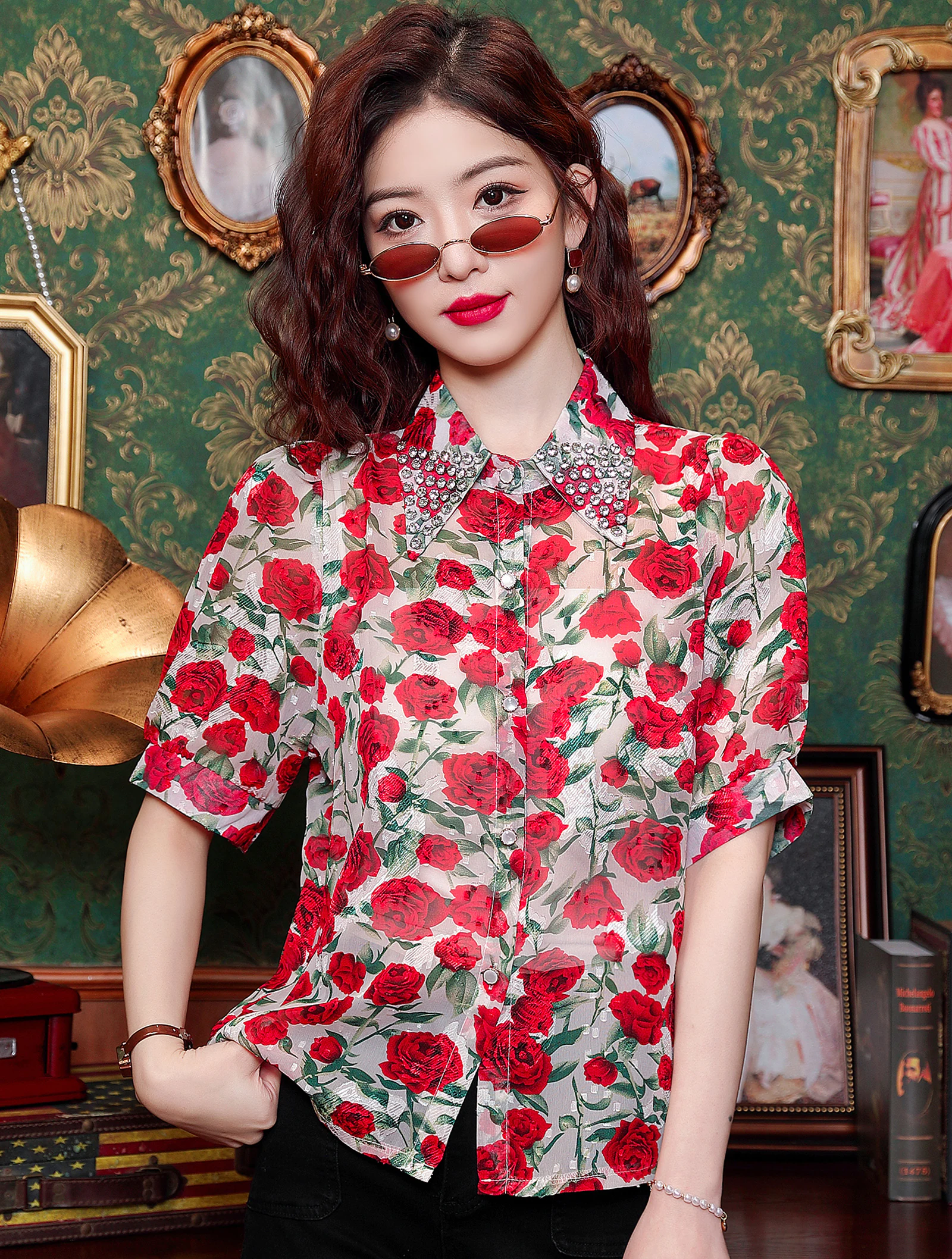 Women's Fashionable Red Floral Printed Chiffon Casual Shirt Blouse01