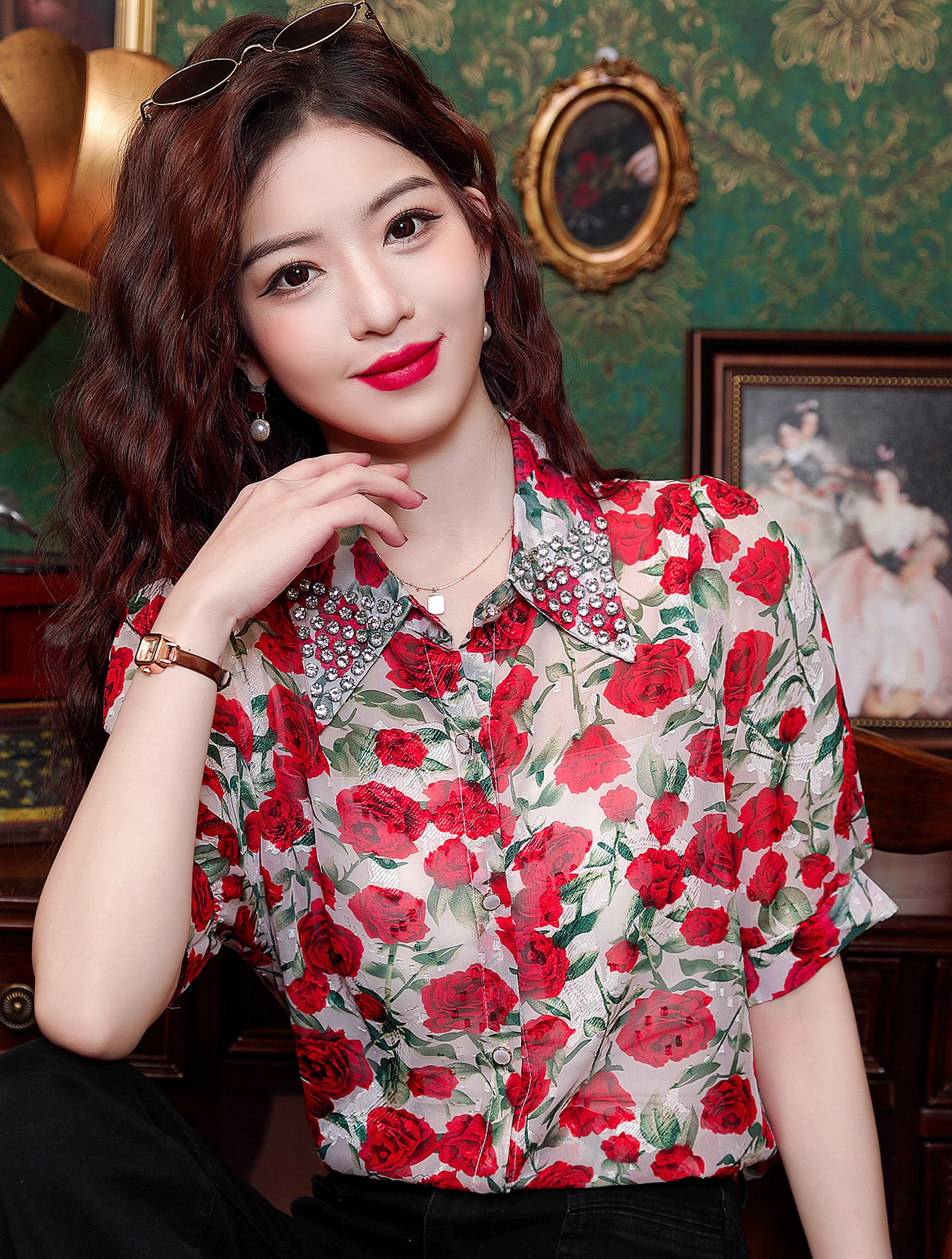 Women's Fashionable Red Floral Printed Chiffon Casual Shirt Blouse03