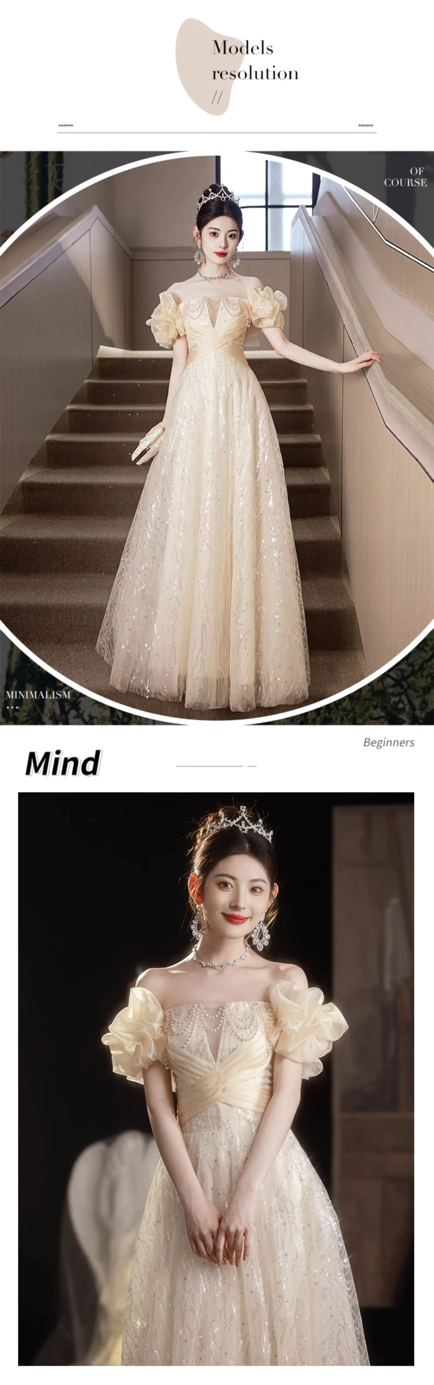Elegant Cream Mermaid Evening Gown Halter Neck & Off-Shoulder Puff Sleeves Prom Dress DP7729 main image 1