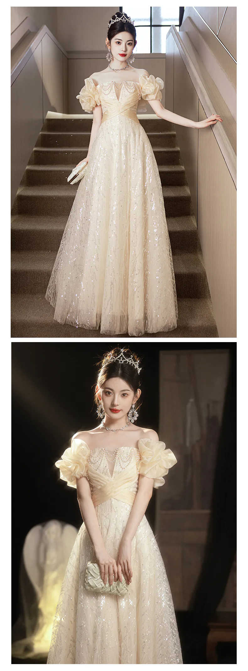 Champagne-Off-Shoulder-Puff-Sleeves-Glitter-Evening-Dress-Cocktail-Ball-Gown12