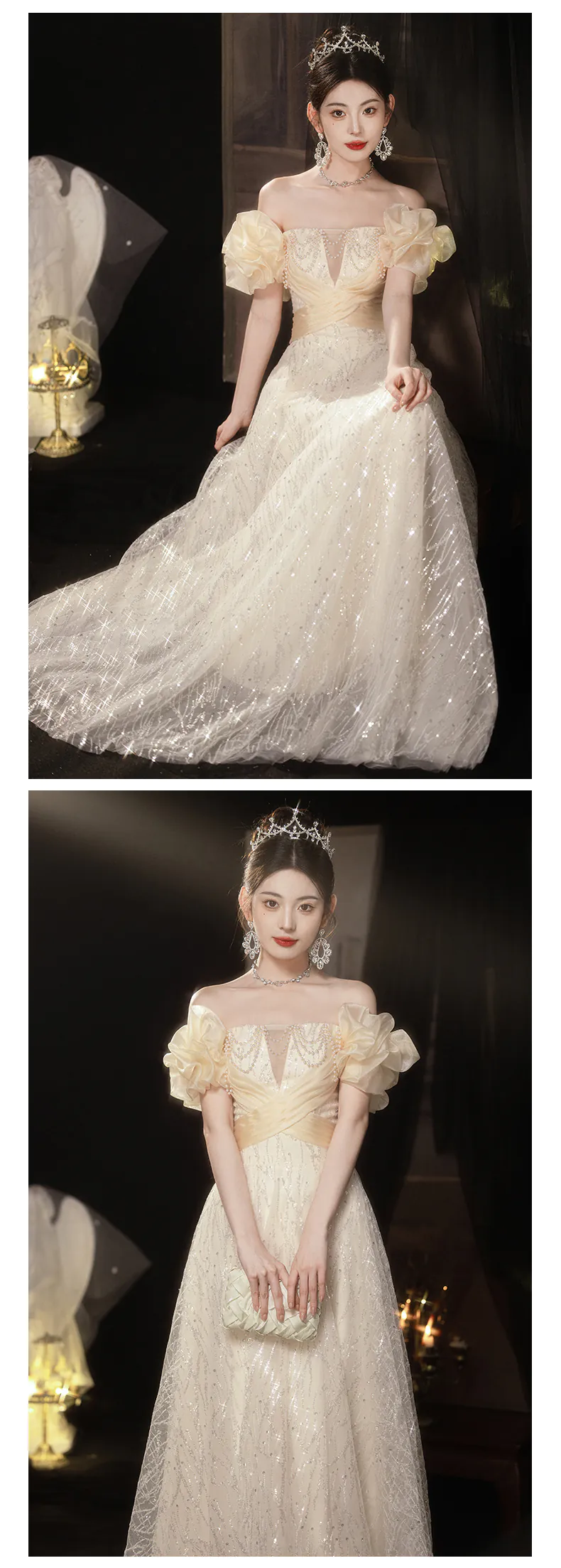 Champagne-Off-Shoulder-Puff-Sleeves-Glitter-Evening-Dress-Cocktail-Ball-Gown14