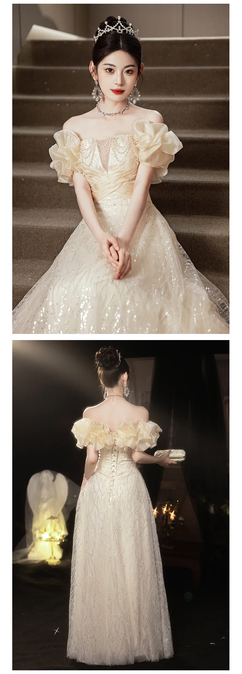 Champagne-Off-Shoulder-Puff-Sleeves-Glitter-Evening-Dress-Cocktail-Ball-Gown15