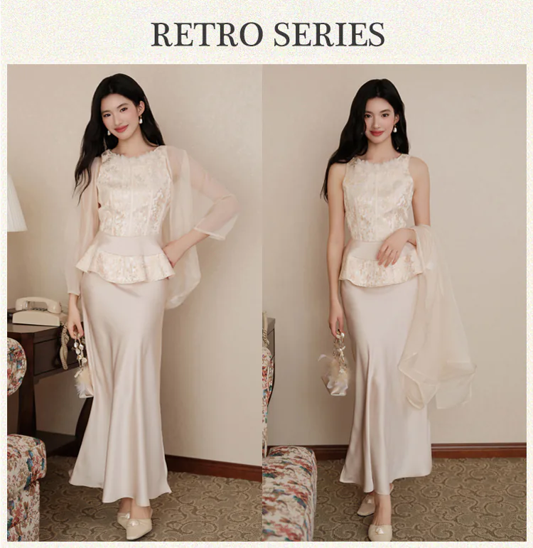 Chic Golden Jacquard Top Satin Dress and Sheer Tulle Overlay 3