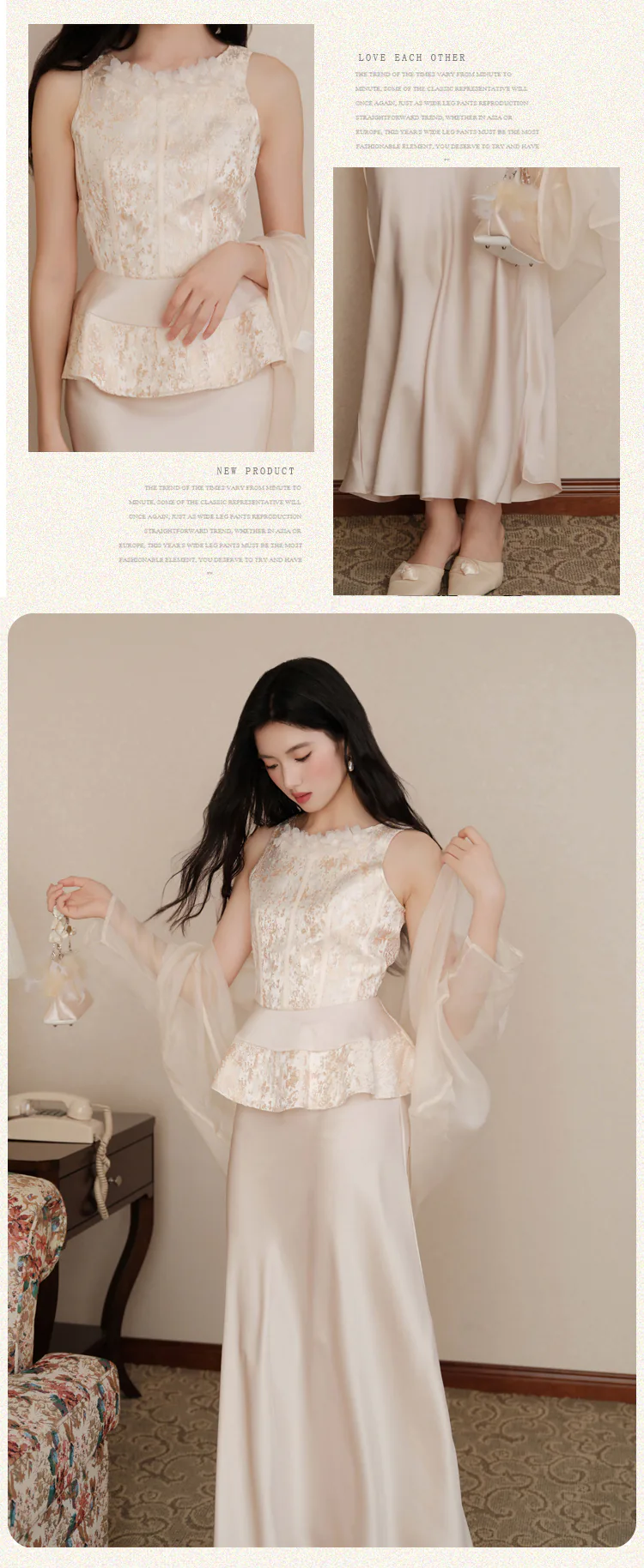 Chic Golden Jacquard Top Satin Dress and Sheer Tulle Overlay 3