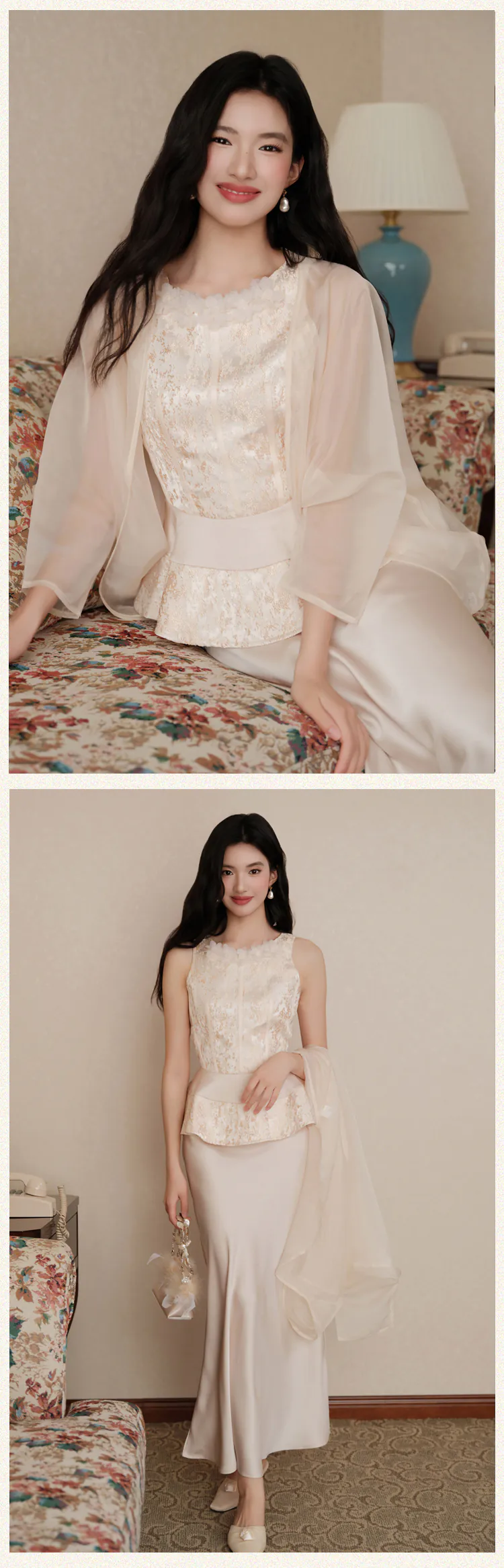 Chic Golden Jacquard Top Satin Dress and Sheer Tulle Overlay 3