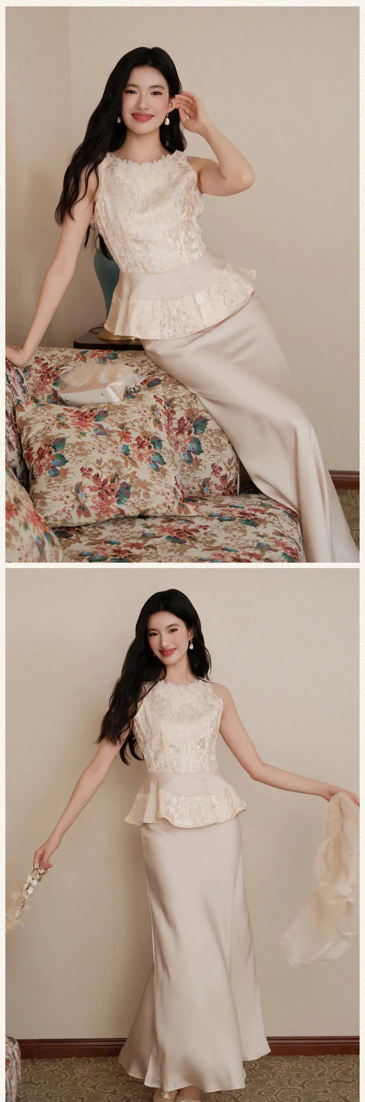 Chic Golden Jacquard Top Satin Dress and Sheer Tulle Overlay 3 Piece Set (Size: XL)
