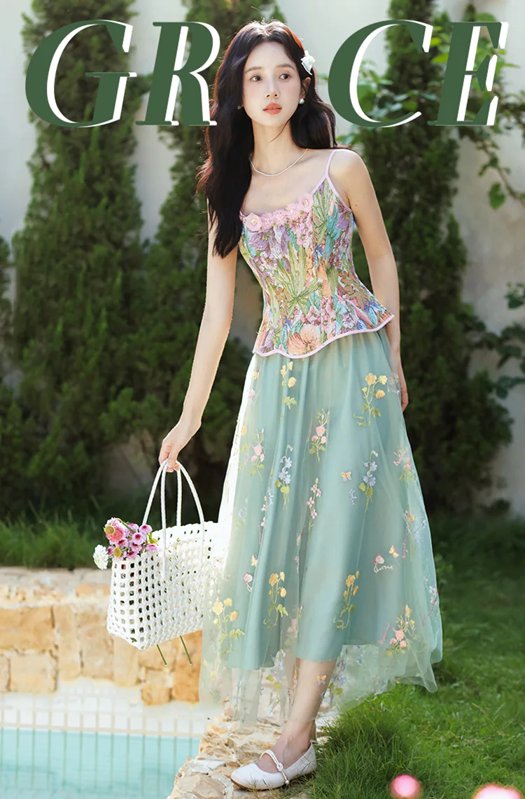 Ethereal Green Floral Corset Top with Sheer Mesh Skirt Summer Casual Outfit (Size: L)