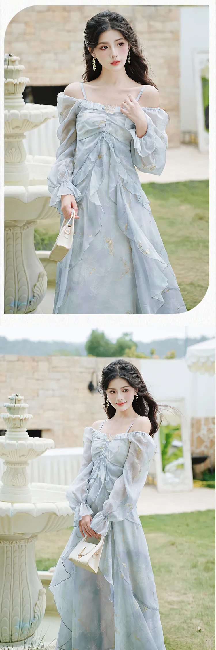 Soft Blue Gold Foil Long Sleeve Ruffle Ombre Chiffon Summer Casual Dress (Size: M)