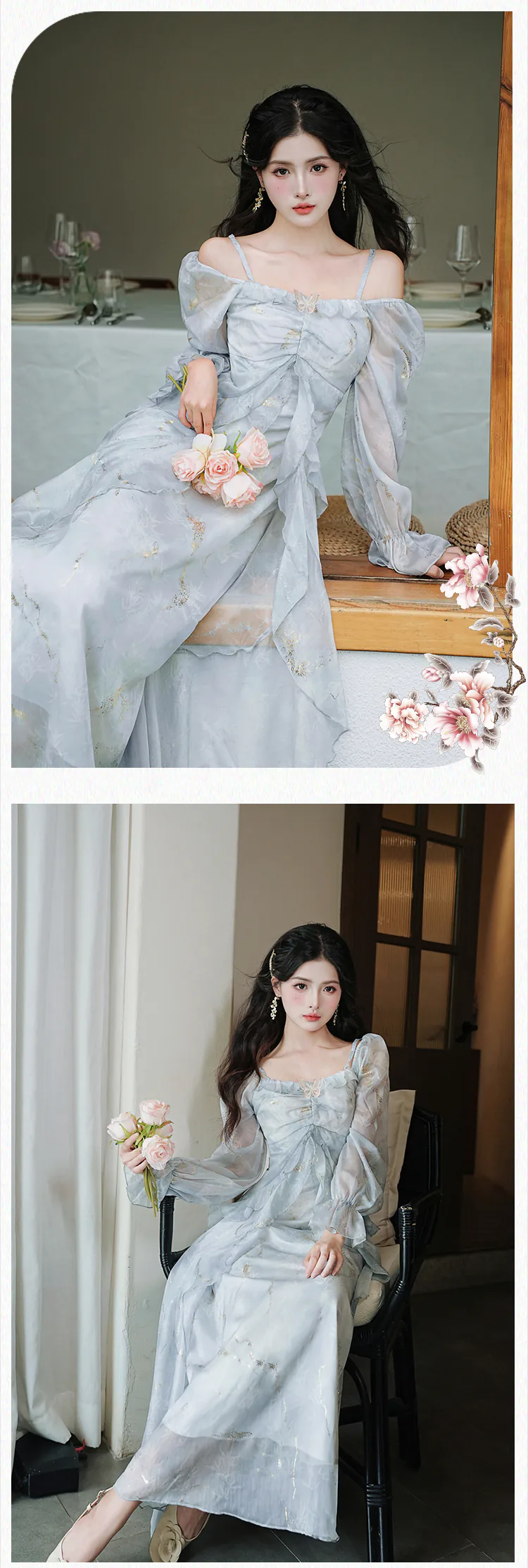 chinese dress ladies Solid Long Sleeve Tiered Ruffle Dress