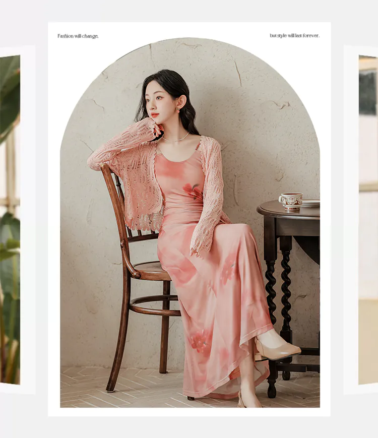 Sweet-French-Style-Pink-Ombre-Floral-Camisole-Dress-with-Cardigan-Set08