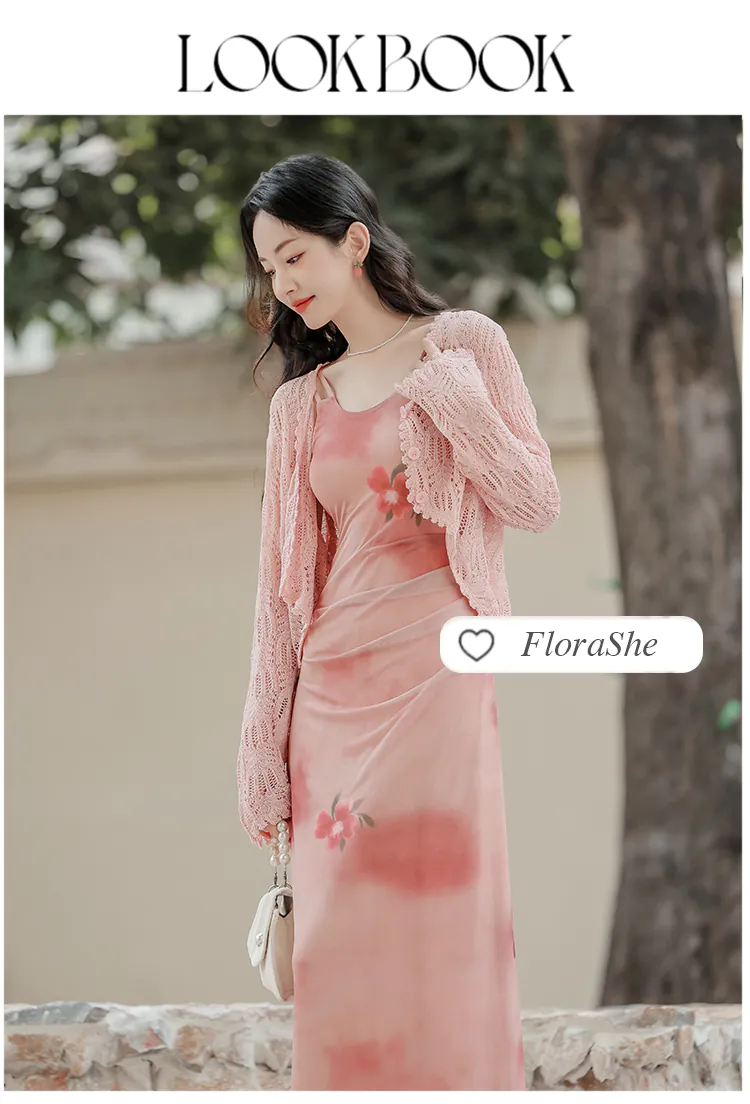 Sweet-French-Style-Pink-Ombre-Floral-Camisole-Dress-with-Cardigan-Set12