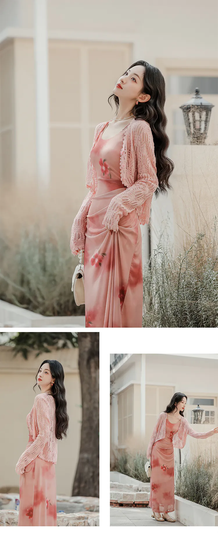 Sweet-French-Style-Pink-Ombre-Floral-Camisole-Dress-with-Cardigan-Set13