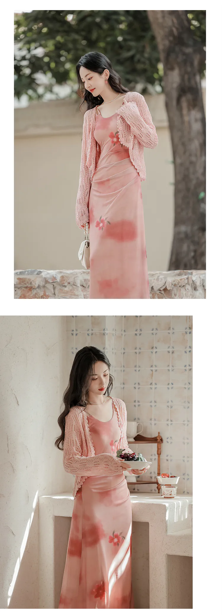 Sweet-French-Style-Pink-Ombre-Floral-Camisole-Dress-with-Cardigan-Set14
