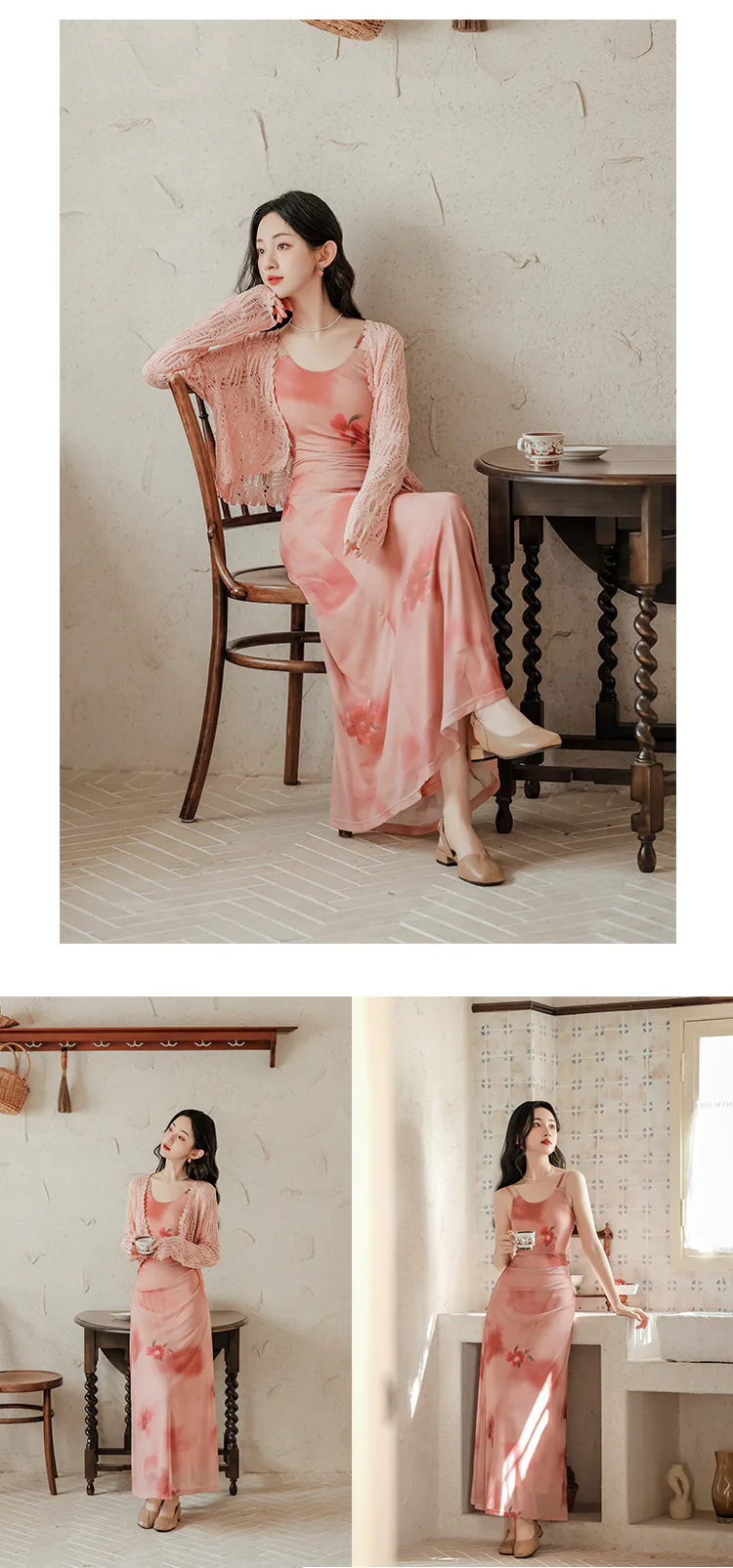 Sweet-French-Style-Pink-Ombre-Floral-Camisole-Dress-with-Cardigan-Set16