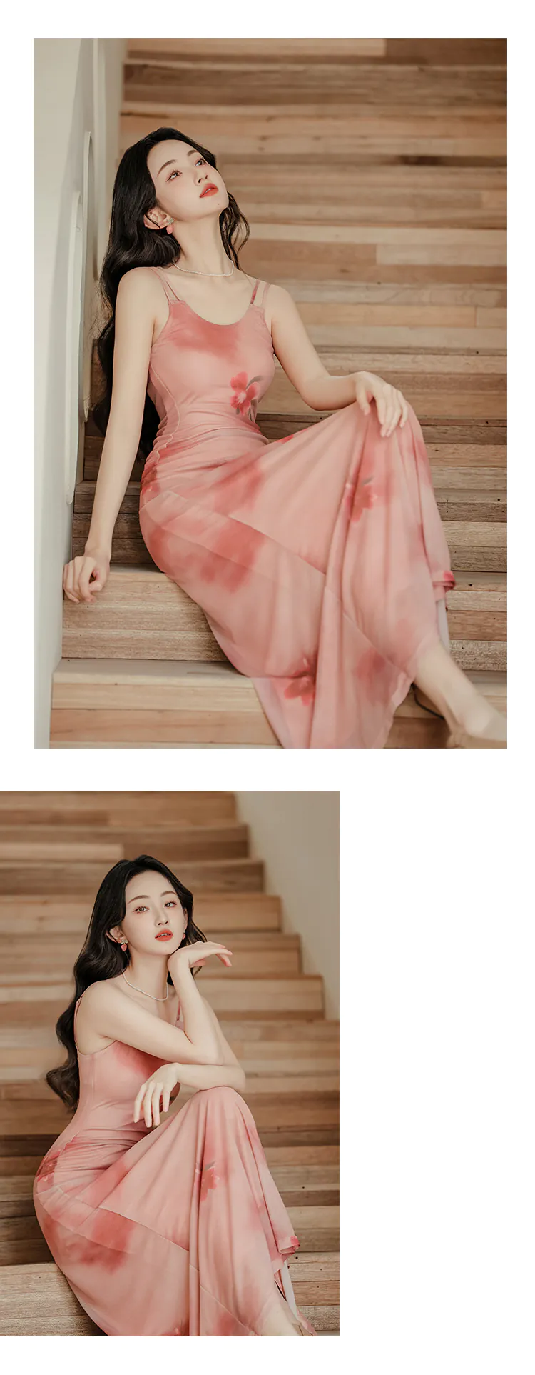 Sweet-French-Style-Pink-Ombre-Floral-Camisole-Dress-with-Cardigan-Set17