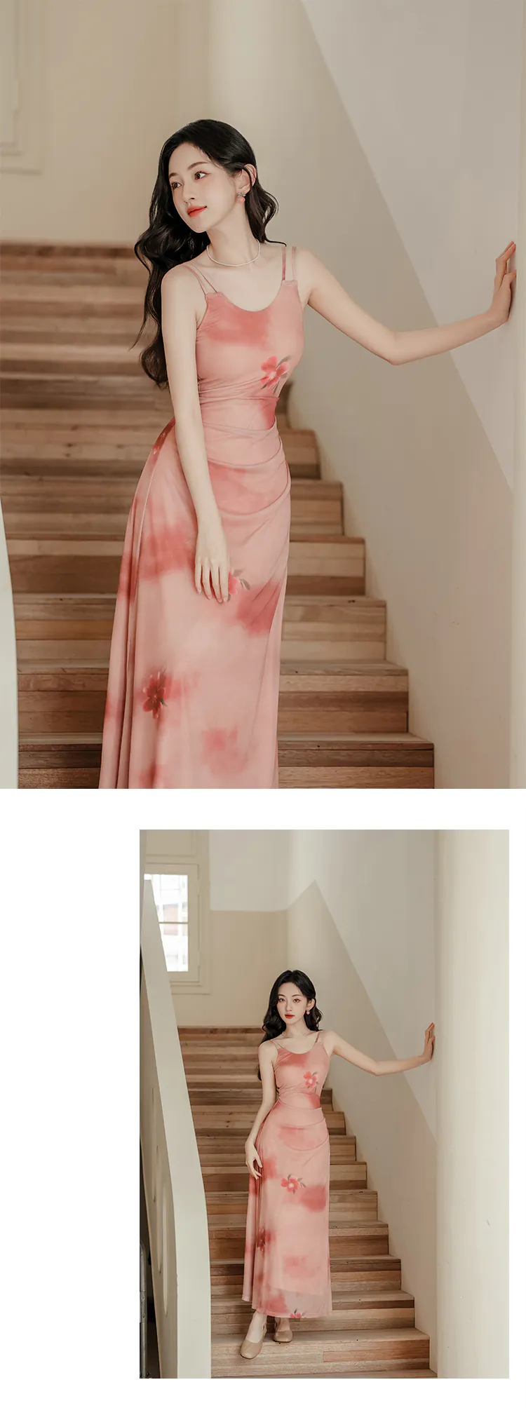 Sweet-French-Style-Pink-Ombre-Floral-Camisole-Dress-with-Cardigan-Set18