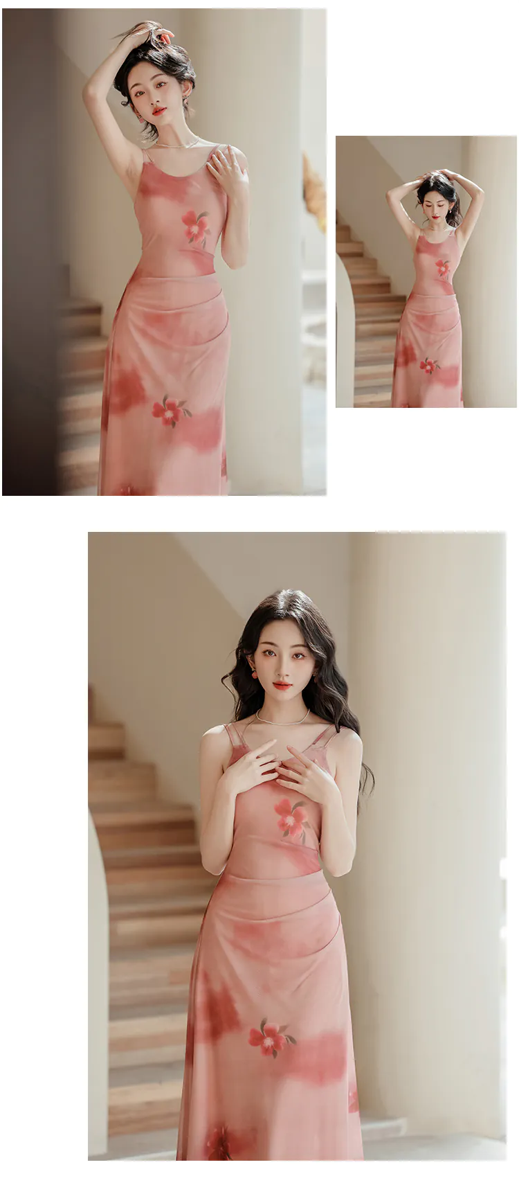 Sweet-French-Style-Pink-Ombre-Floral-Camisole-Dress-with-Cardigan-Set19