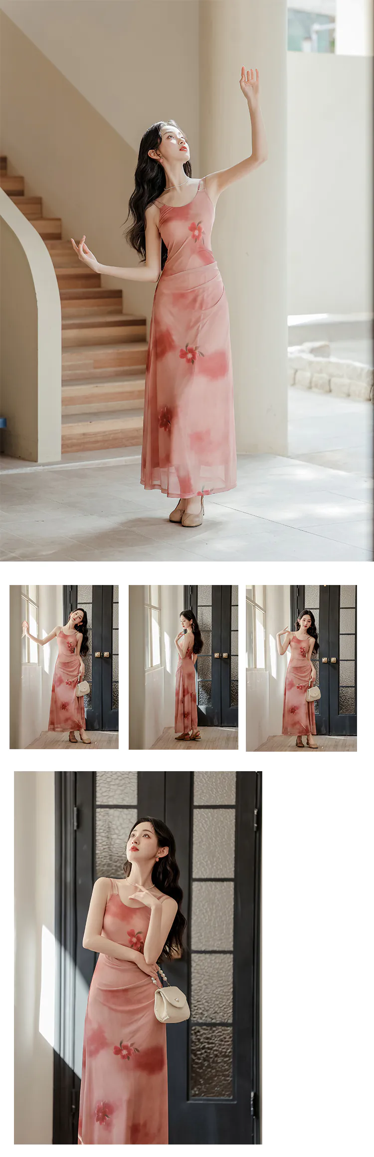 Sweet-French-Style-Pink-Ombre-Floral-Camisole-Dress-with-Cardigan-Set20