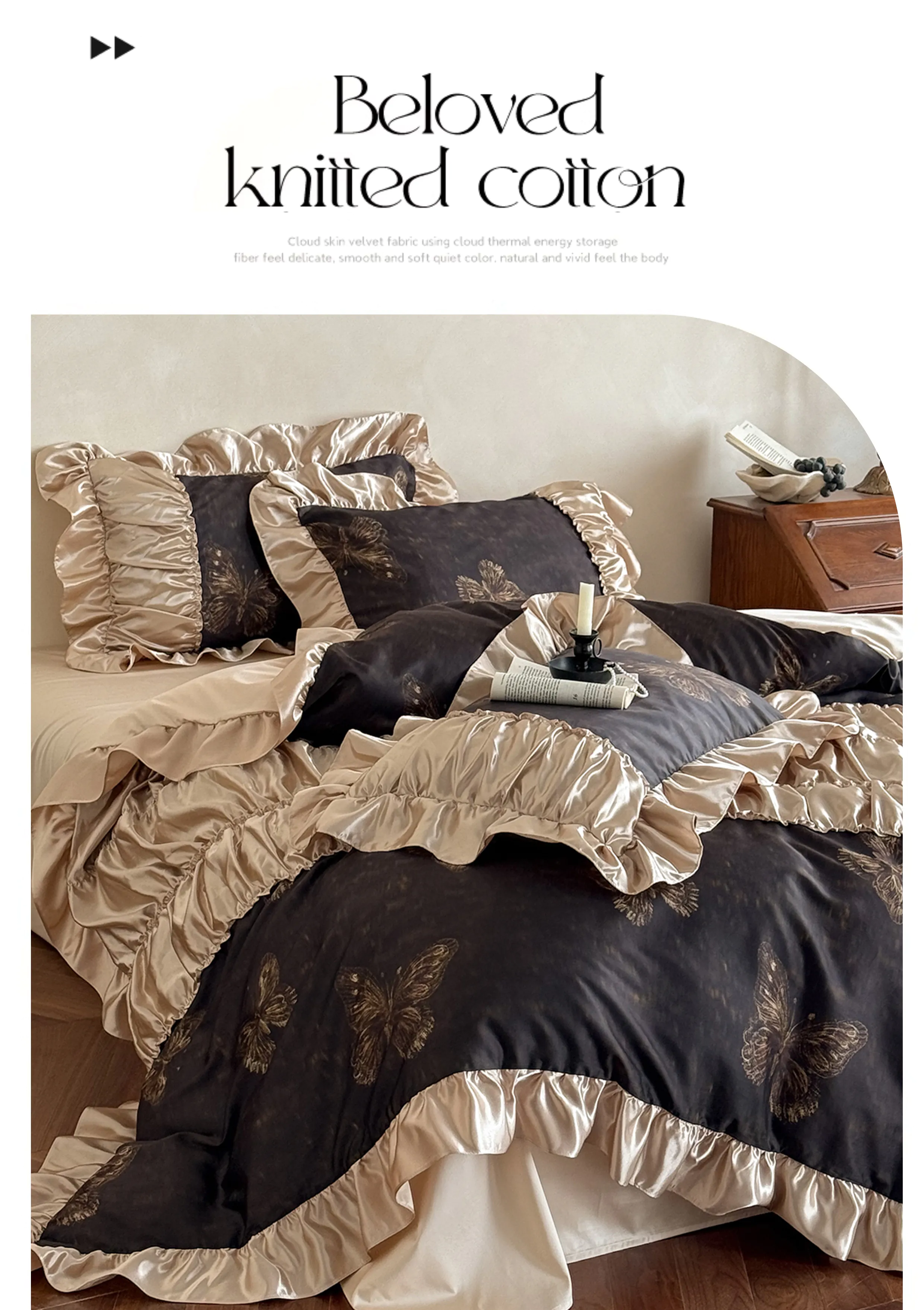 Vintage-Butterfly-Print-Silky-Ruffle-Edges-Tencel-Cotton-Quilt-Cover-4-Pcs-Set08