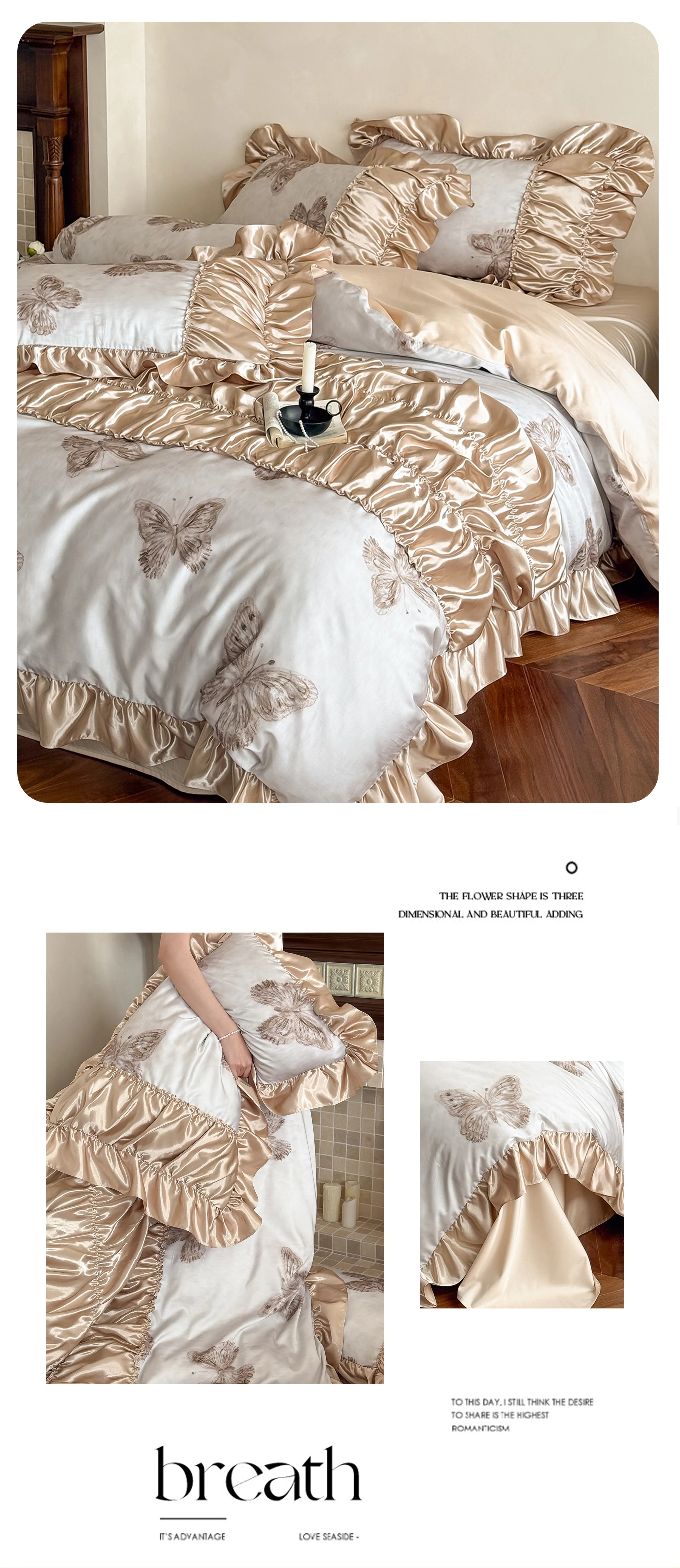 Vintage-Butterfly-Print-Silky-Ruffle-Edges-Tencel-Cotton-Quilt-Cover-4-Pcs-Set16