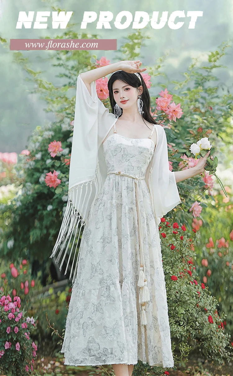 Elegant-French-Butterfly-Garden-Beach-Sundress-with-Tassel-Cardigan-Set07