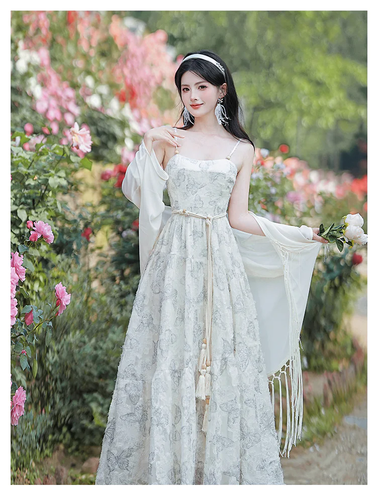 Elegant-French-Butterfly-Garden-Beach-Sundress-with-Tassel-Cardigan-Set08