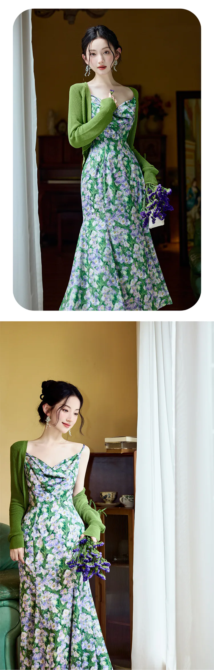 Stylish-Cowl-Neck-Green-Floral-Maxi-Dress-with-Matching-Cardigan-Set12