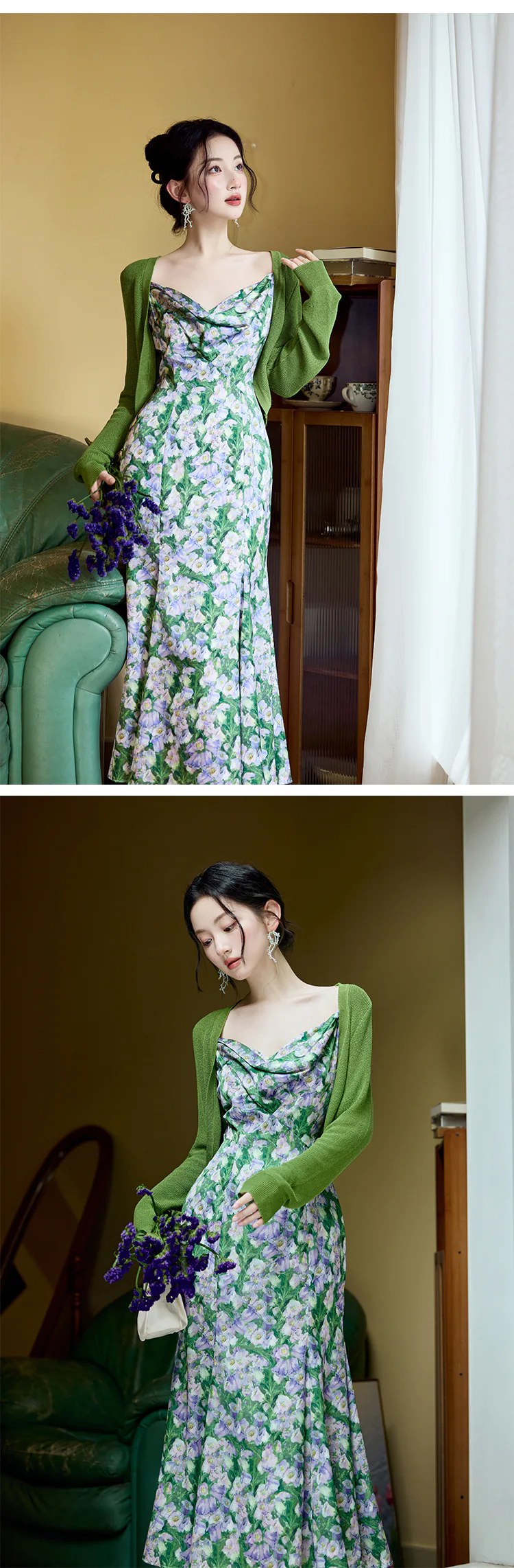 Stylish-Cowl-Neck-Green-Floral-Maxi-Dress-with-Matching-Cardigan-Set13