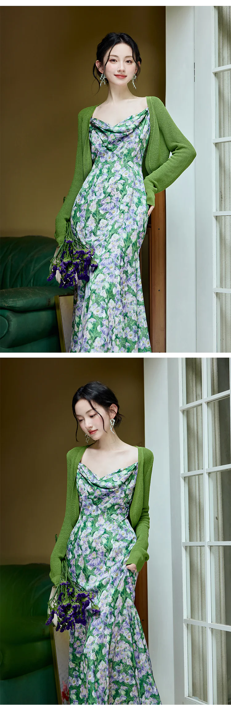 Stylish-Cowl-Neck-Green-Floral-Maxi-Dress-with-Matching-Cardigan-Set14