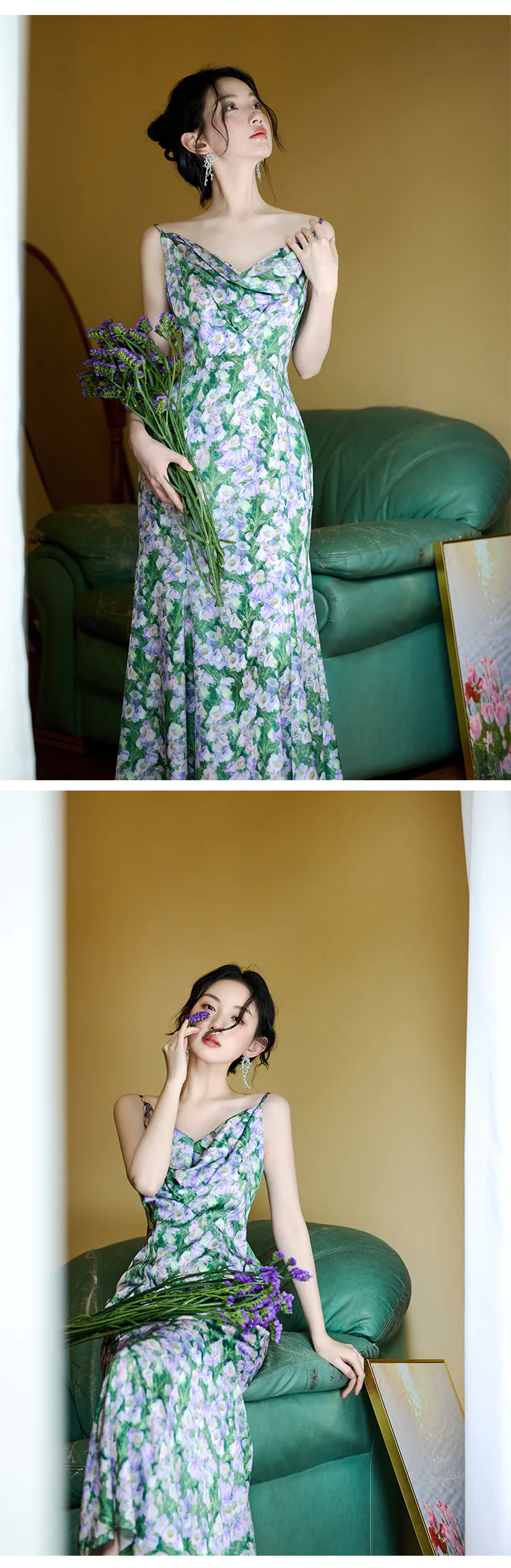 Stylish-Cowl-Neck-Green-Floral-Maxi-Dress-with-Matching-Cardigan-Set15