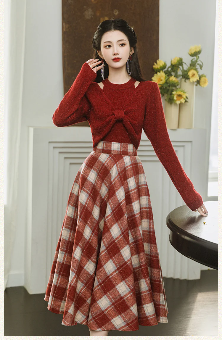 Stylish-Red-Sweater-with-Plaid-Skirt-2-Piece-Set-Spring-Fall-Casual-Outfit07