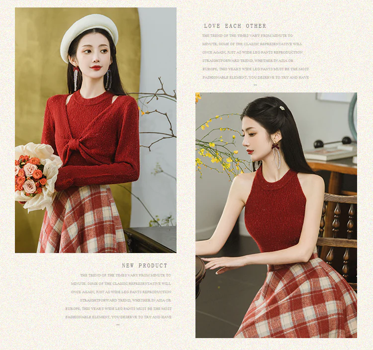 Stylish-Red-Sweater-with-Plaid-Skirt-2-Piece-Set-Spring-Fall-Casual-Outfit08