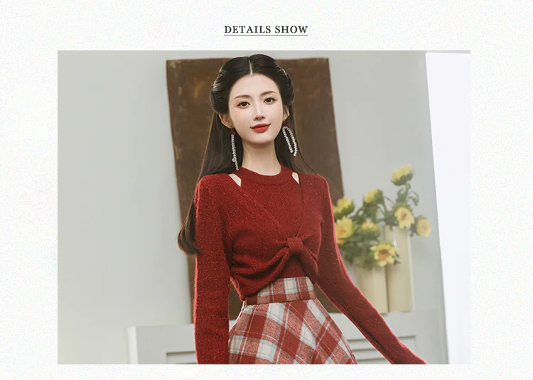 Stylish-Red-Sweater-with-Plaid-Skirt-2-Piece-Set-Spring-Fall-Casual-Outfit09