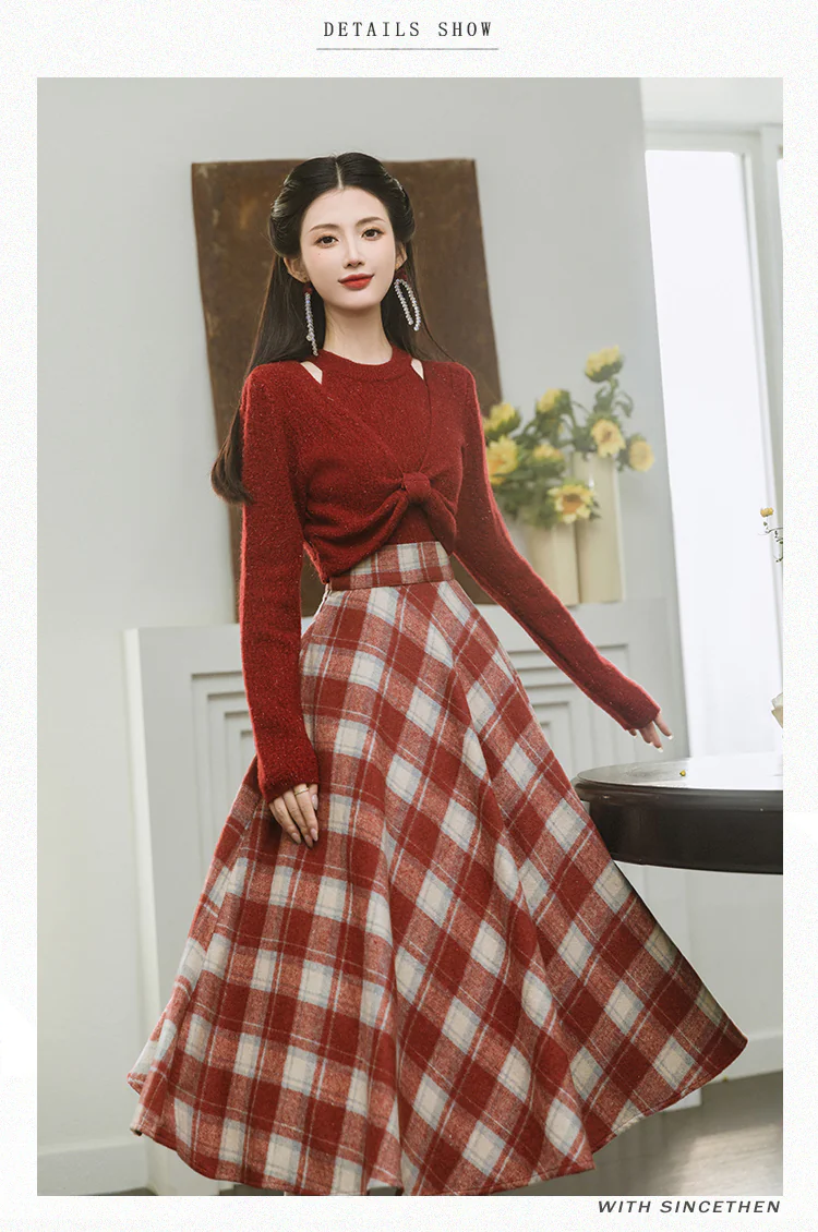 Stylish-Red-Sweater-with-Plaid-Skirt-2-Piece-Set-Spring-Fall-Casual-Outfit10