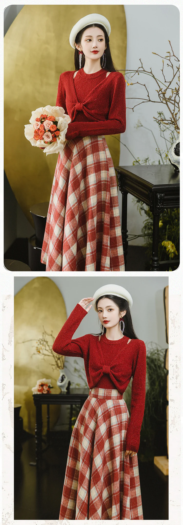 Stylish-Red-Sweater-with-Plaid-Skirt-2-Piece-Set-Spring-Fall-Casual-Outfit11