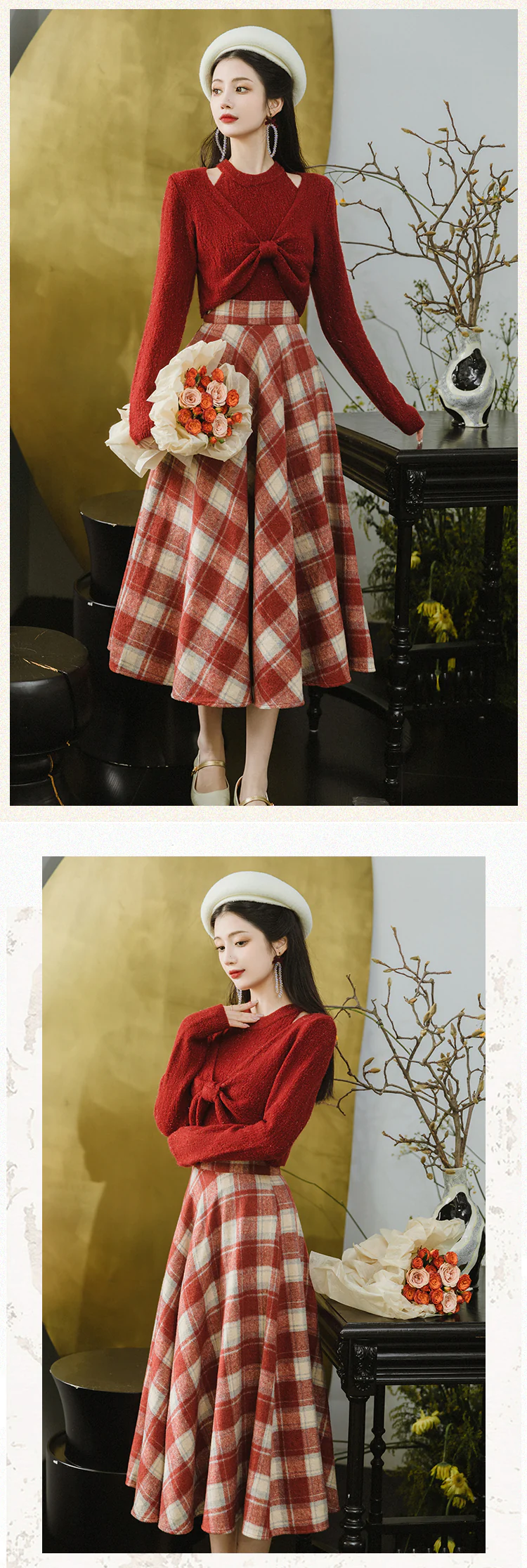 Stylish-Red-Sweater-with-Plaid-Skirt-2-Piece-Set-Spring-Fall-Casual-Outfit13