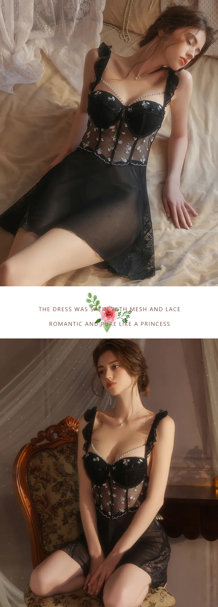 Black-Vintage-Floral-Embroidery-Sheer-Mesh-Bustier-Babydoll-Lingerie11