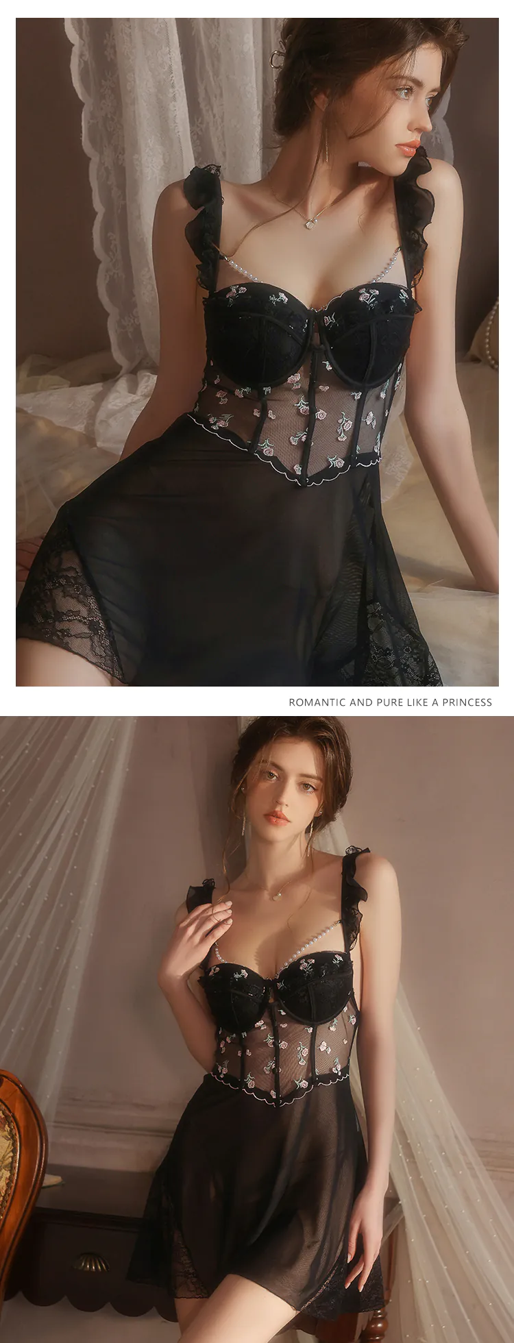 Black-Vintage-Floral-Embroidery-Sheer-Mesh-Bustier-Babydoll-Lingerie12