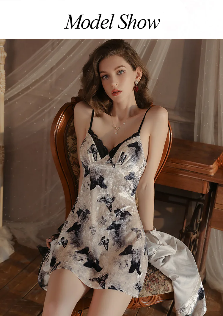 Ladies-Sexy-Low-Cut-Lingerie-Butterfly-Print-Open-Back-Nightgown10