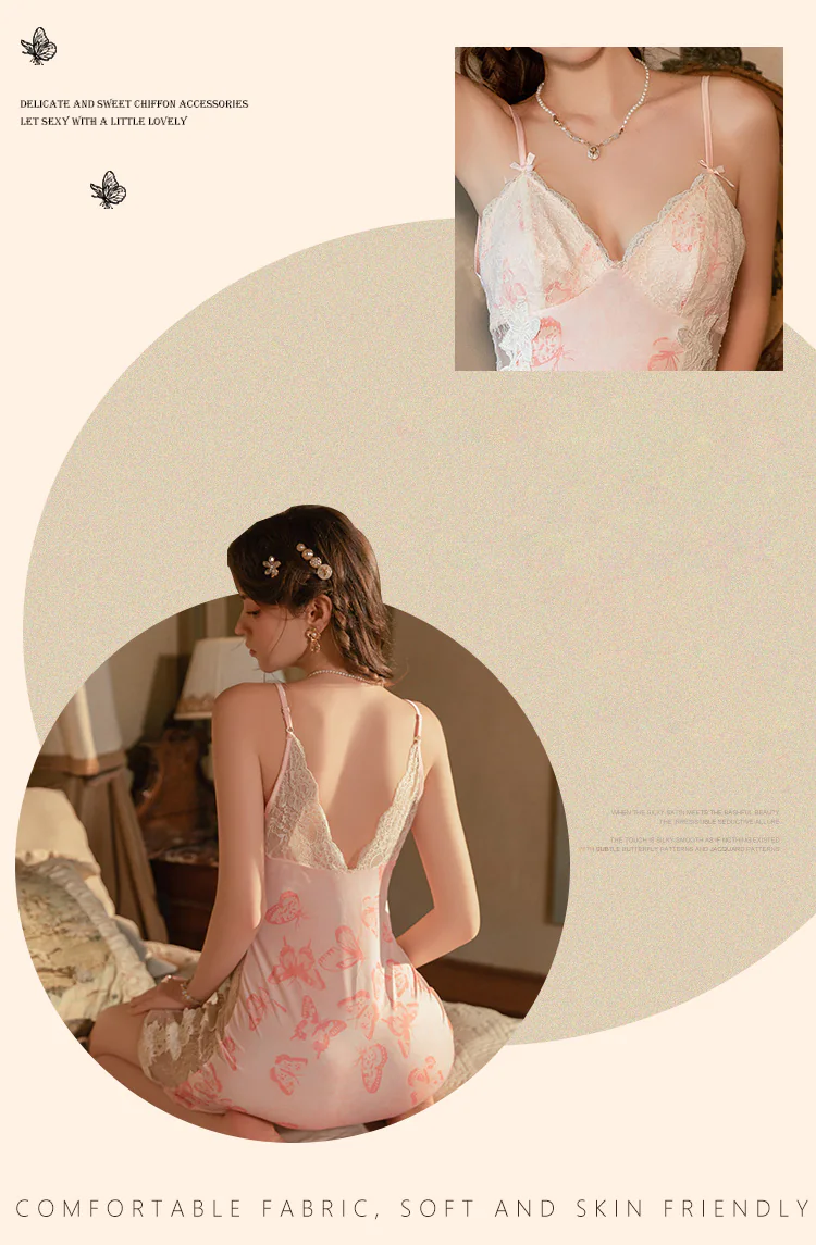 V-Neck-Butterfly-Print-Sheer-Mesh-Lace-Spaghetti-Strap-Babydoll-Nightgown10