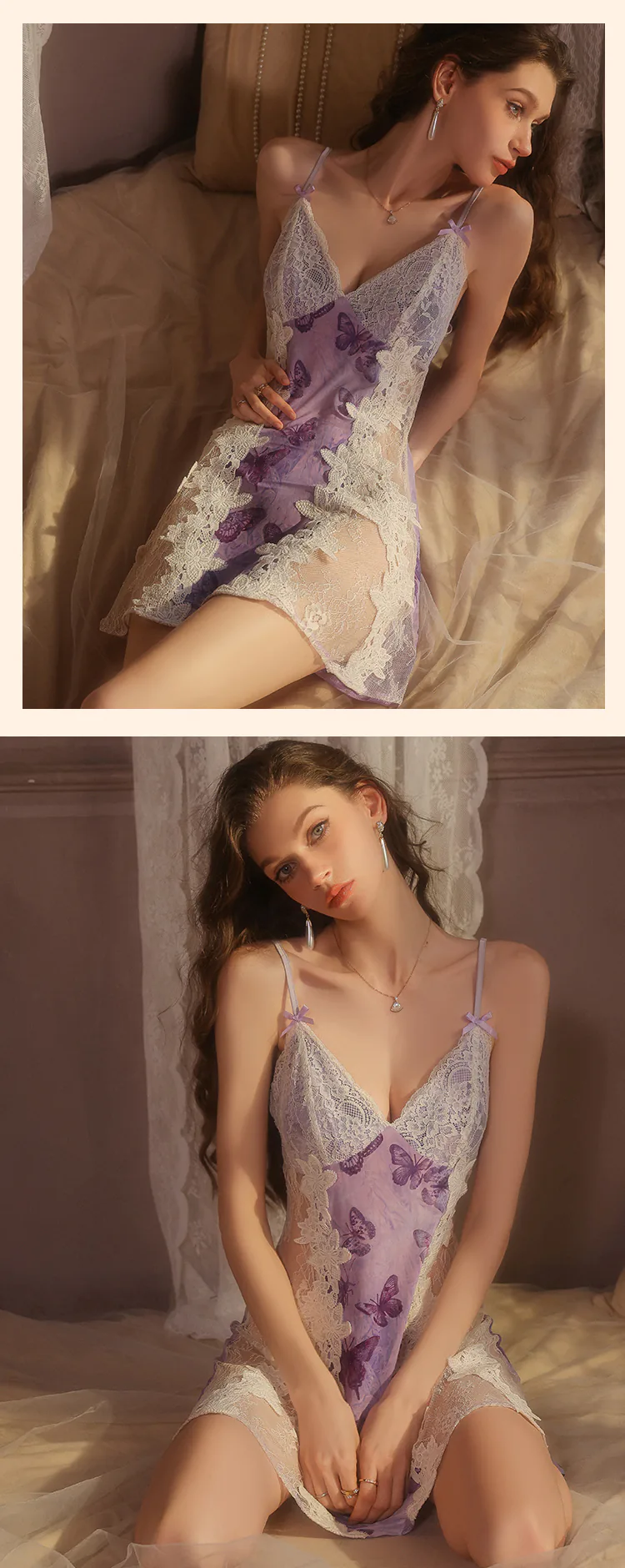 V-Neck-Butterfly-Print-Sheer-Mesh-Lace-Spaghetti-Strap-Babydoll-Nightgown17
