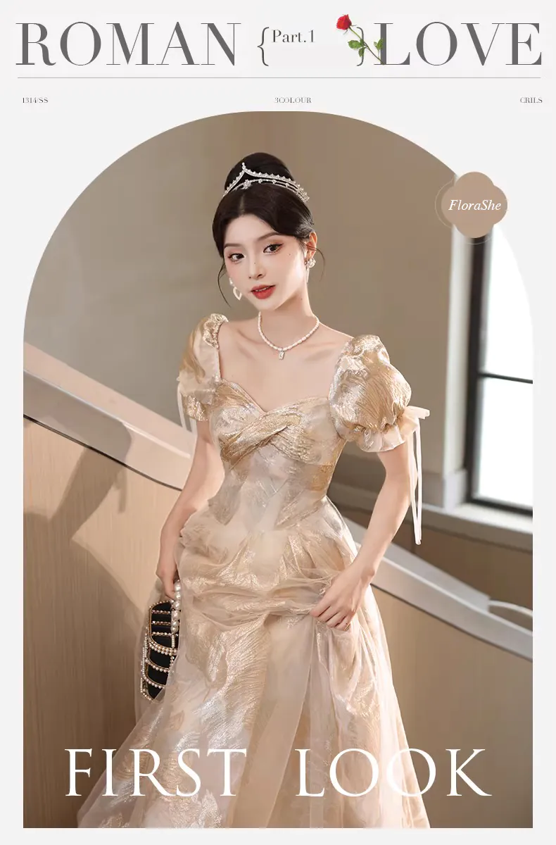 slim fit dress slacks Champagne V-Neck Metallic Pleated A-line Prom Dress – FancyVestido main image 1