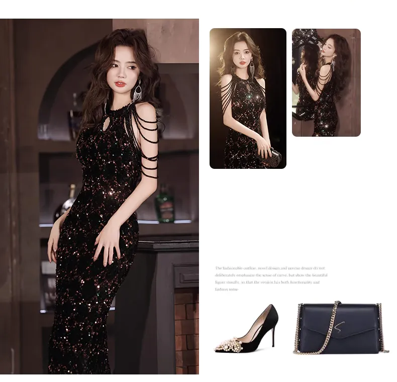 Unique-Halter-Neck-Fringe-Plus-Size-Black-Sparkly-Prom-Dress-Ball-Gown08